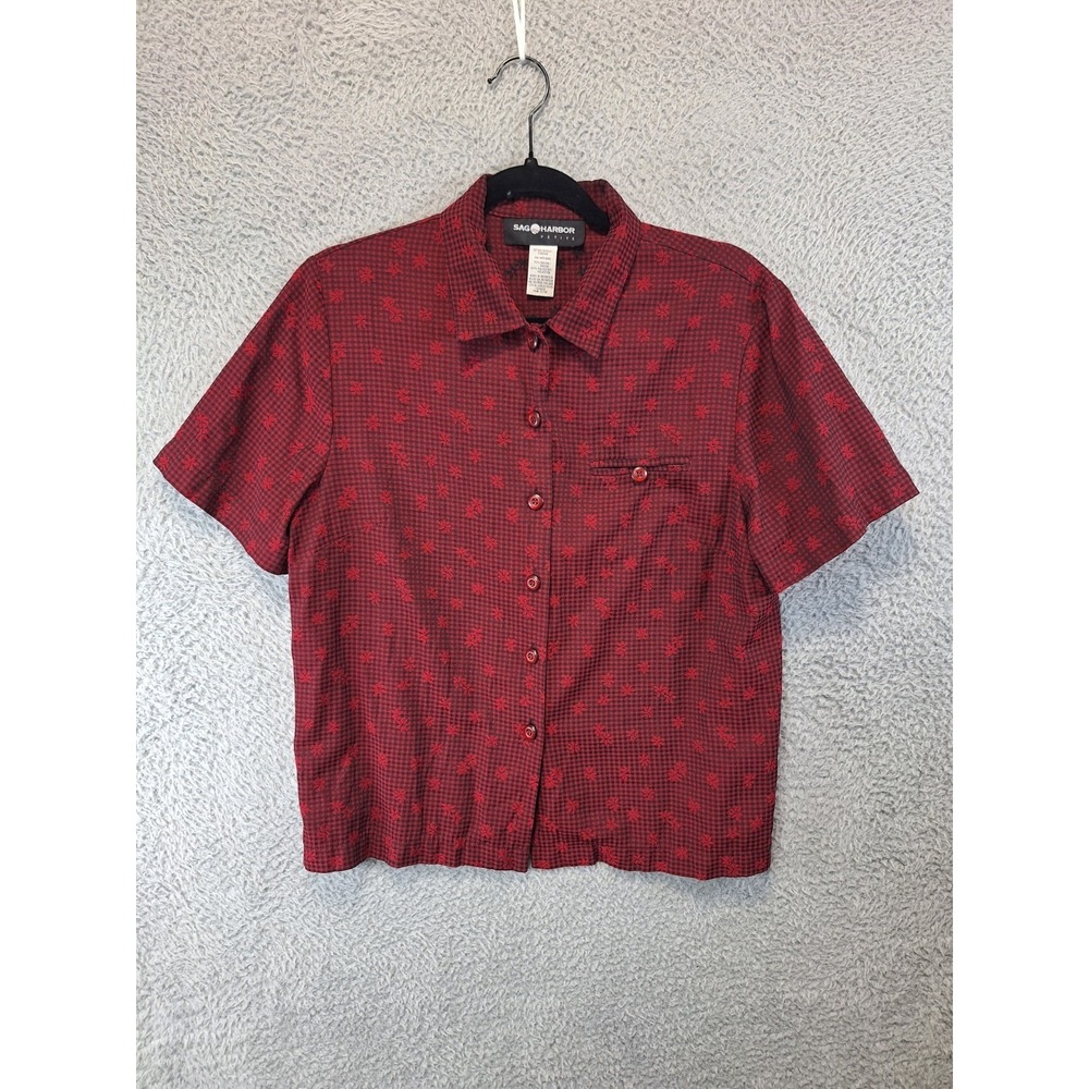 Sag Harbor Shirt Women PM Red Black Plaid Floral Rayon Casual Textured Button Up